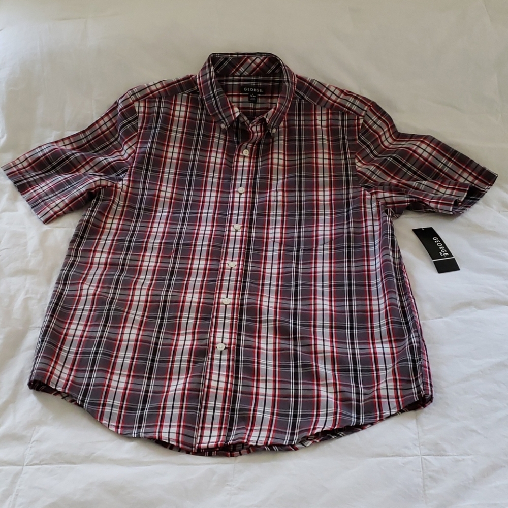 Men's Shirt M Grey Granite Red Plaid Button Down